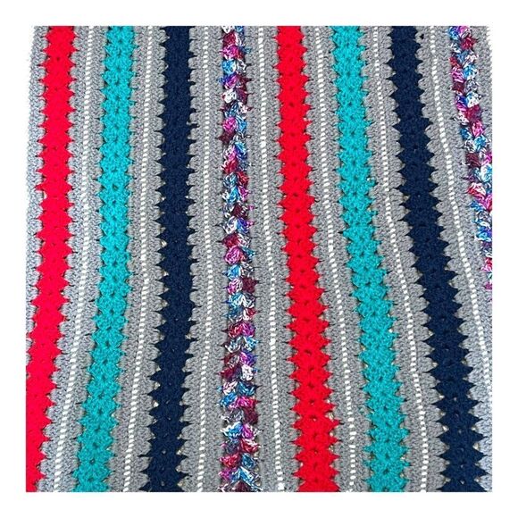 Handmade Lap Chair Throw Crochet Blanket Stripes of Red Blue & Gray 32x34 Baby - Picture 2 of 4